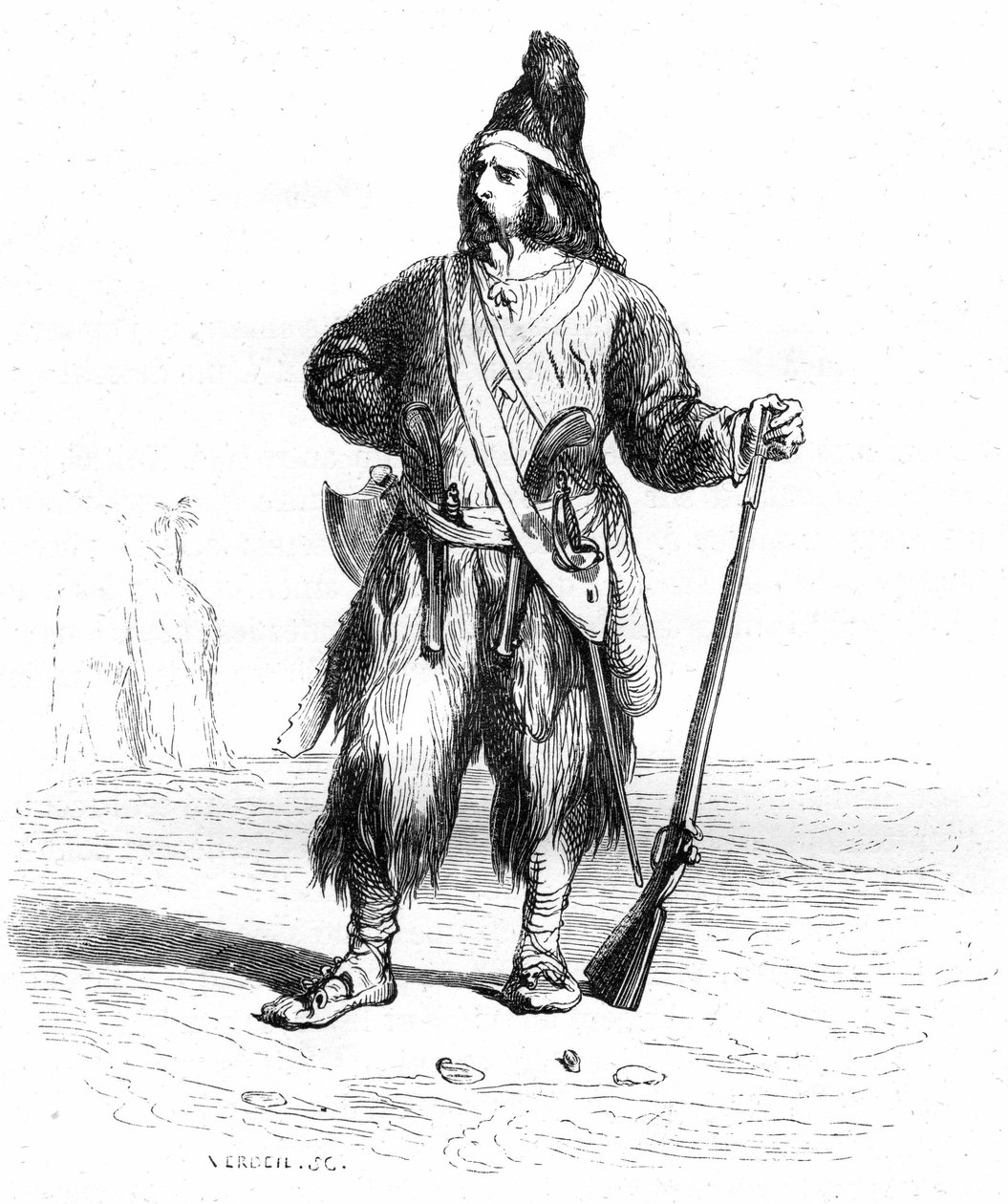 Portret Robinsona Crusoe na bezludnej wyspie z karabinem i bronią przy pasie - ilustracja Grandville