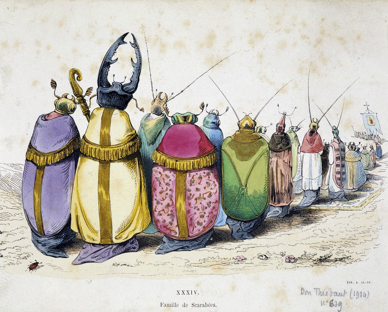 Procesja chrząszczy w duchownych ubraniach - Antyklerykalna kreskówka Granville z „Przemiany dnia” 1829 autorstwa Grandville
