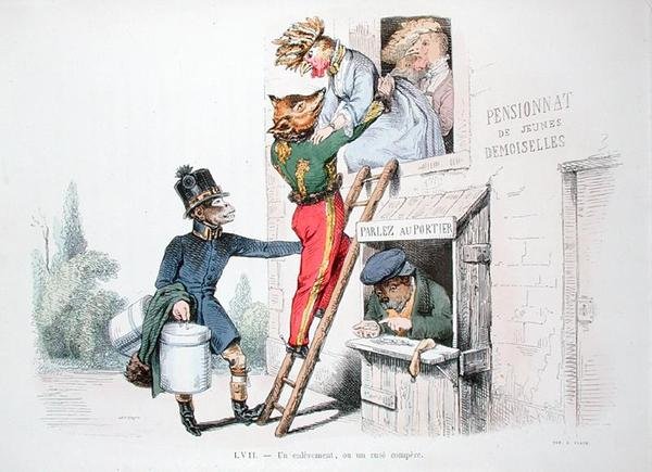 Porwanie lub podstęp, karykatura z serii „Les Metamorphoses du Jour”, przedruk 1854 (kolorowa grawerunek) autorstwa Grandville
