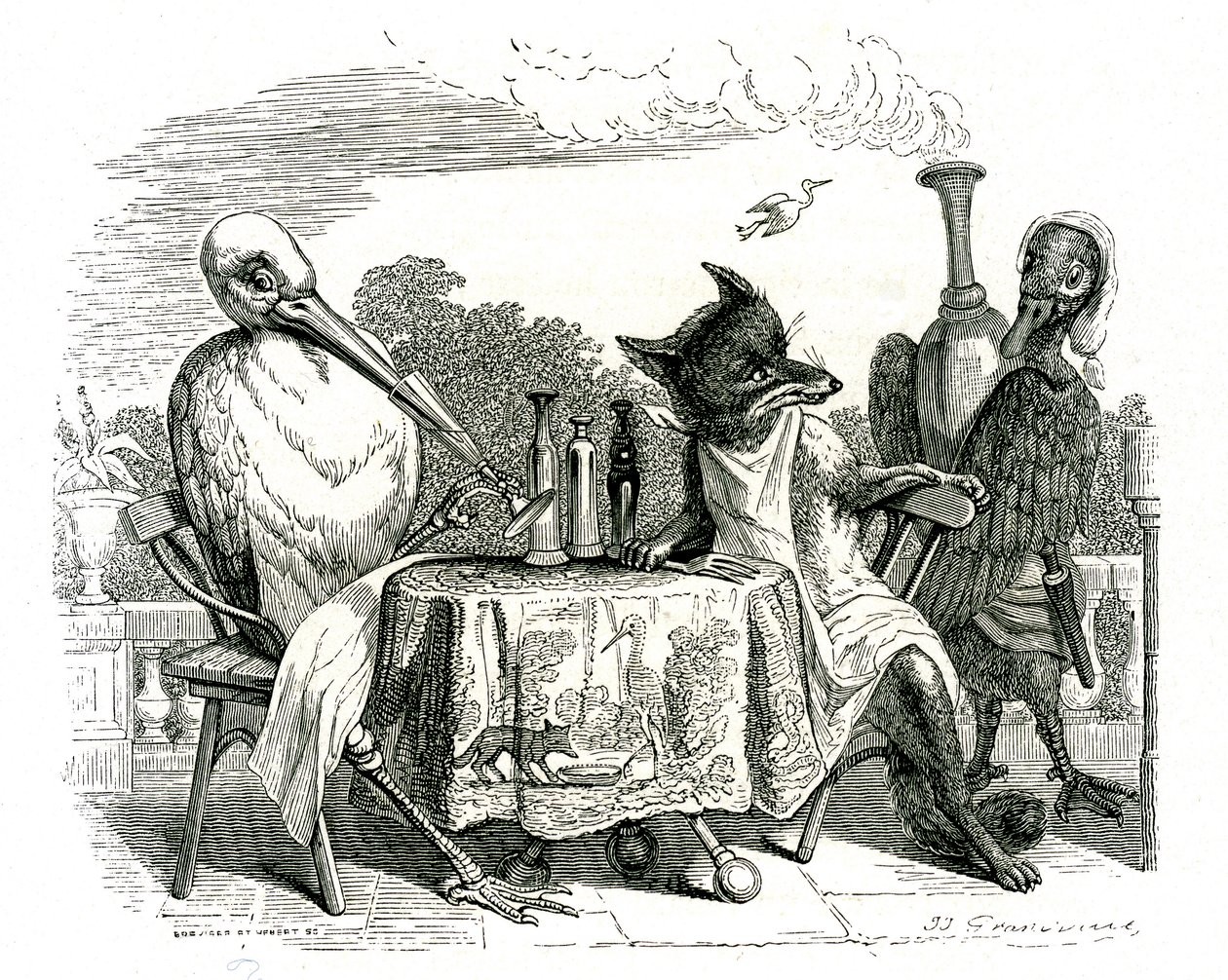 Lis i bocian, ilustracja z „Bajek La Fontaine” (lito) autorstwa Grandville