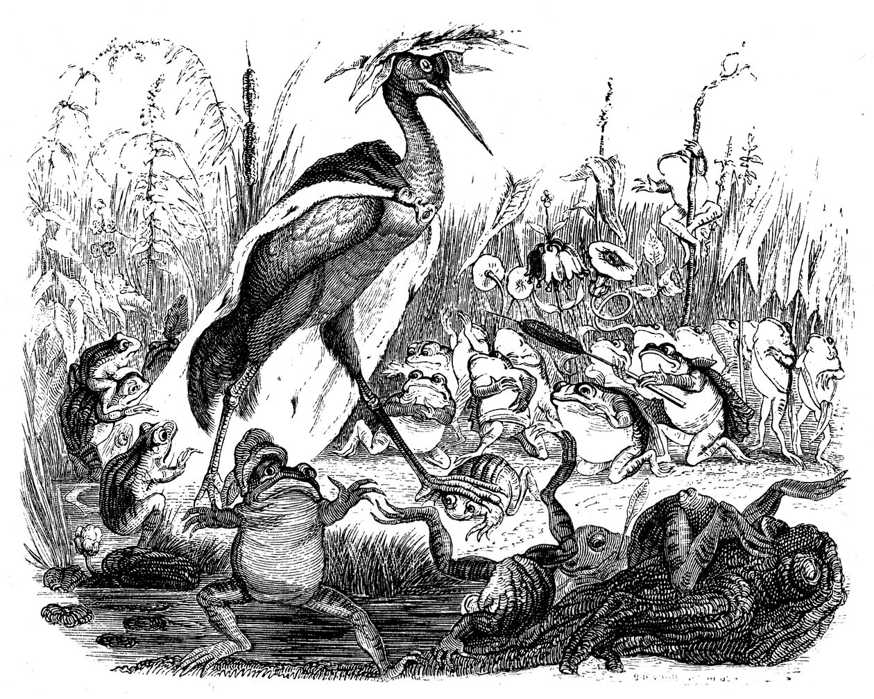 Żaby pytają króla, ilustracja z „Bajek La Fontaine”, autorstwa Grandville