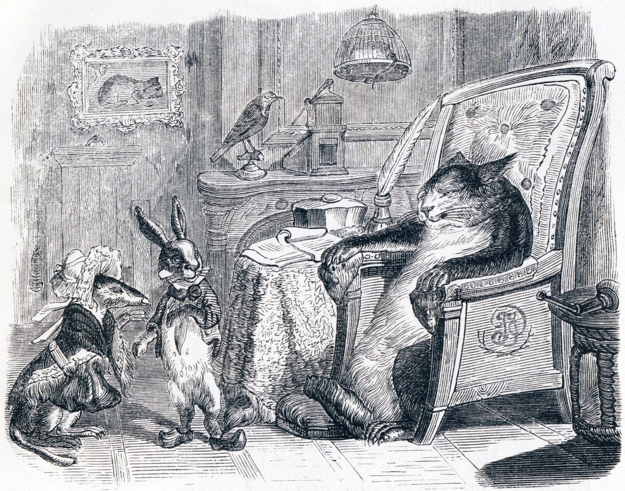 Kot, łasica i mały królik (Le chat, la belette et le petit lapin) - Bajki La Fontaine autorstwa Grandville