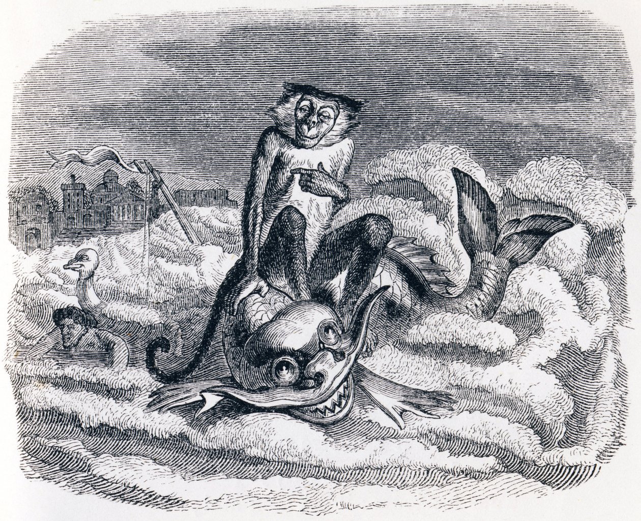 Osioł i delfin (Le singe et le dauphin) - Bajki La Fontaine autorstwa Grandville