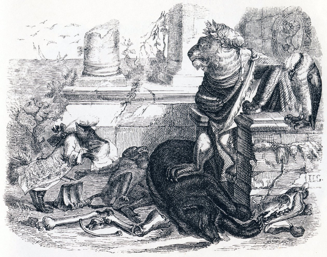 Dwór lwa - Bajki La Fontaine autorstwa Grandville