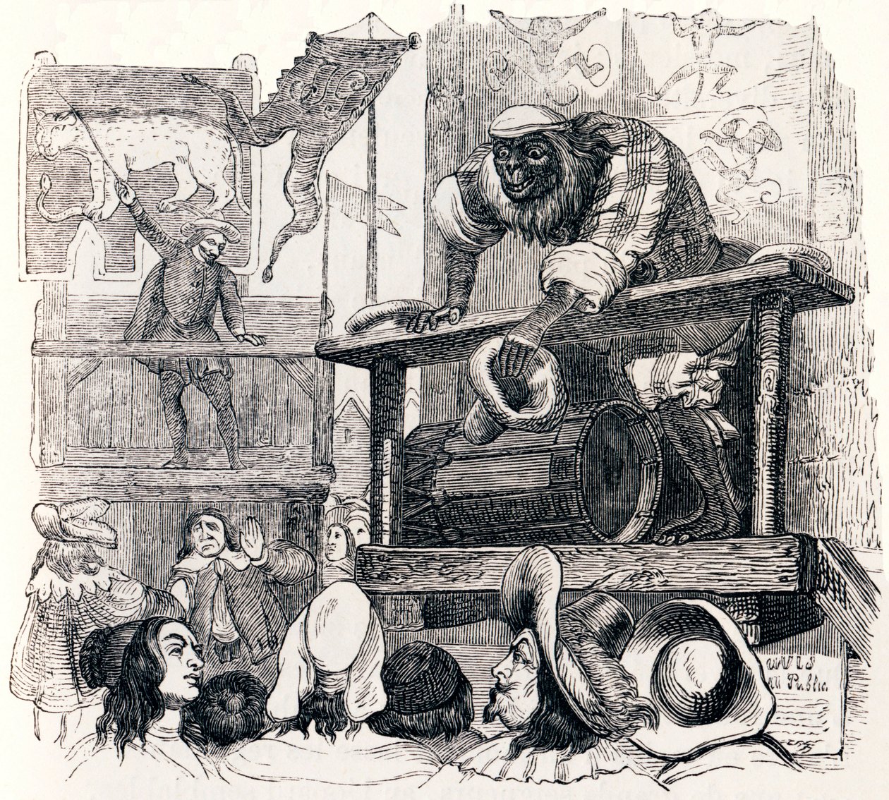 Małpa i lampart (Le singe et le leopard) - Bajki La Fontaine autorstwa Grandville