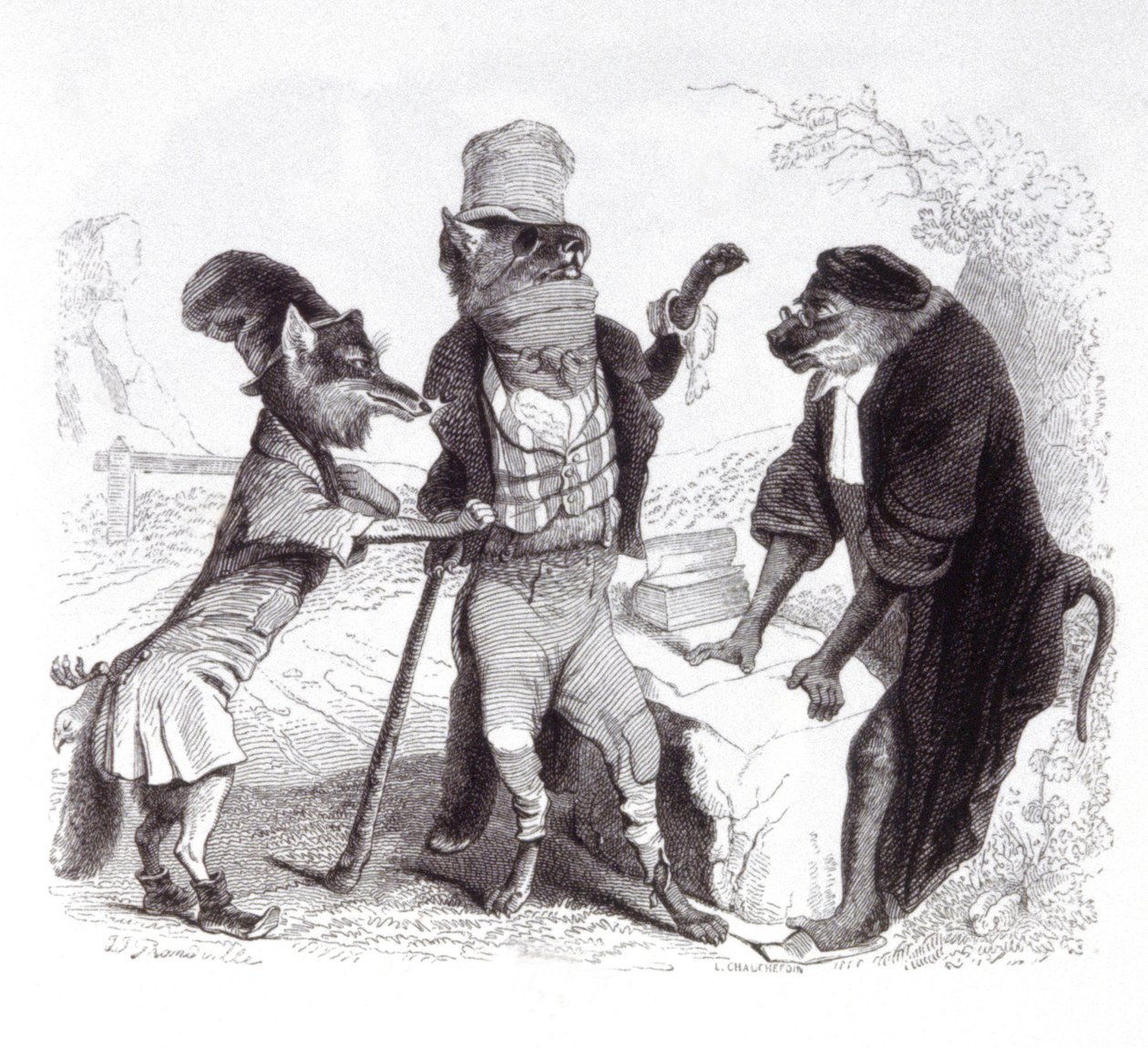 Wilk błagający lisa przed małpą autorstwa Grandville (1803 47)