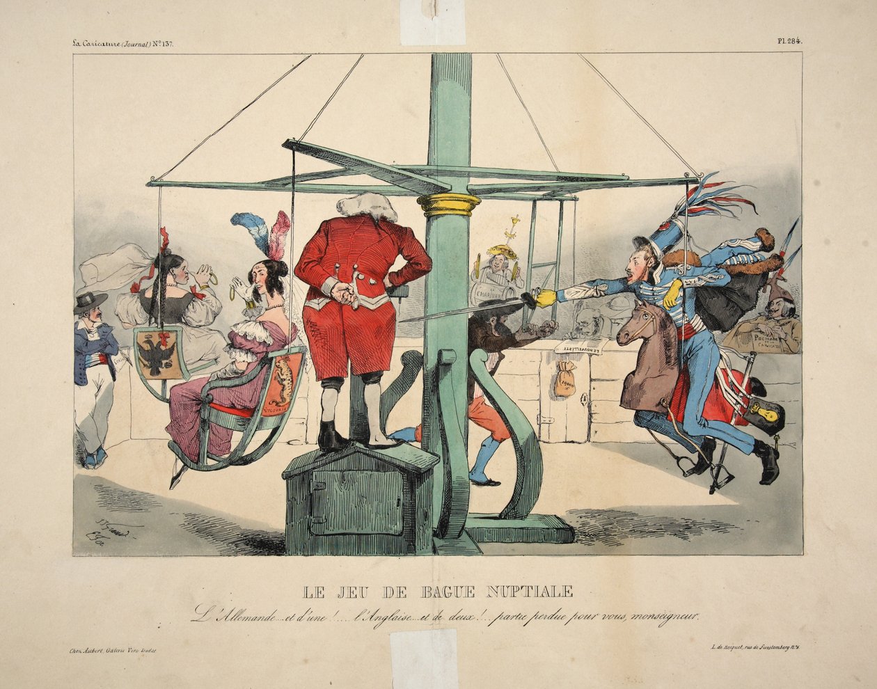 Zestaw pierścionków dla nowożeńców. Niemiecka... i wydma!... angielszczyzna... i dwójka!... gra dla ciebie przegrana, monseigneur, pub. 1833 autorstwa Grandville
