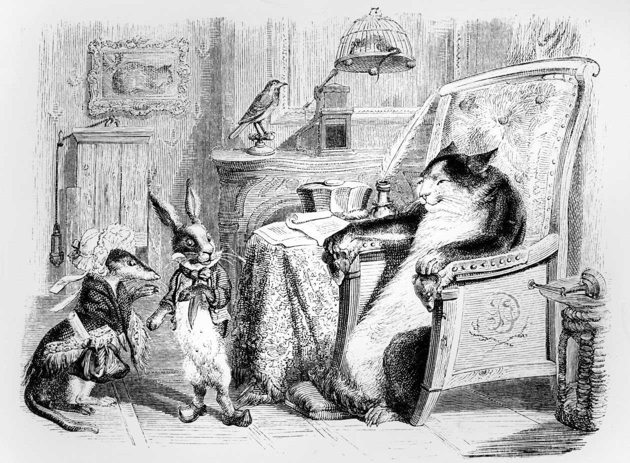 Kot, łasica i mały królik, ilustracja do "Baśni" La Fontaine