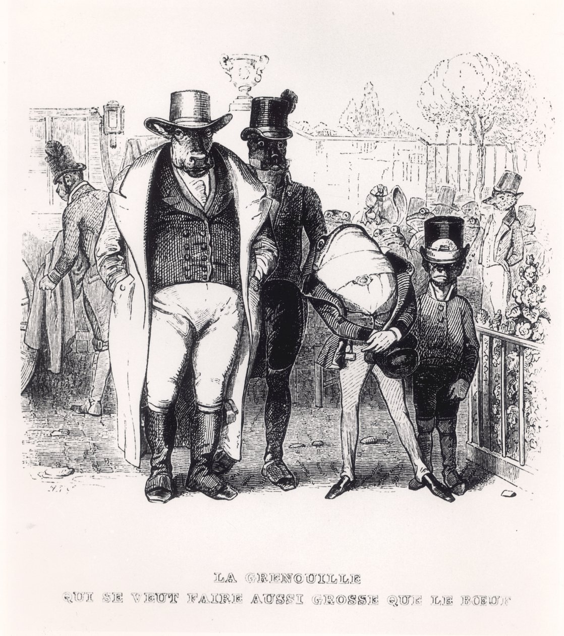 Żaba i wół, ilustracja do „Bajek” La Fontaine (1621-95), wyd. H. Fournier Aine, 1838 autorstwa Grandville