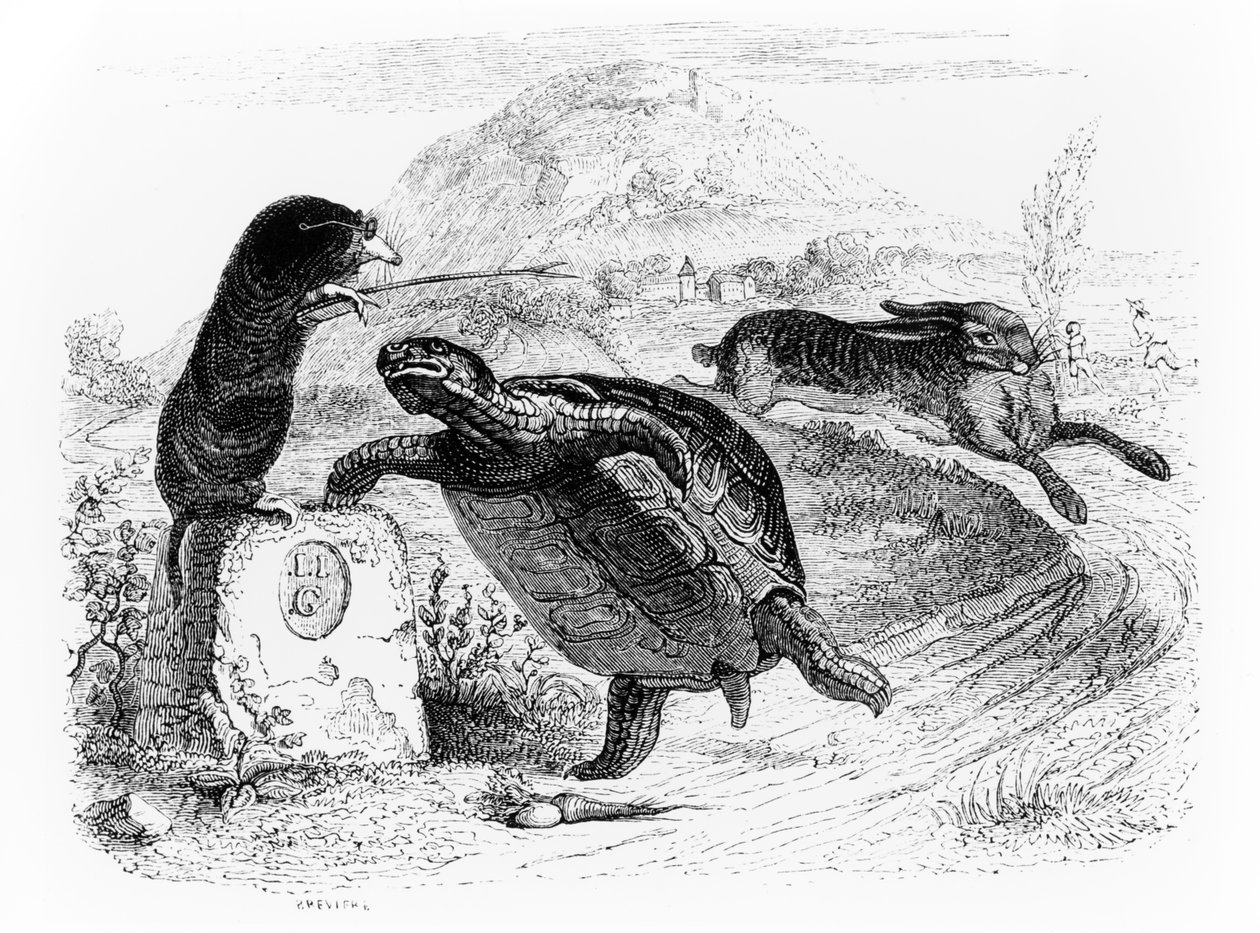 Zając i żółw, ilustracja do „Bajek” z La Fontaine, wyd. H. Fournier Aine, 1838 autorstwa Grandville