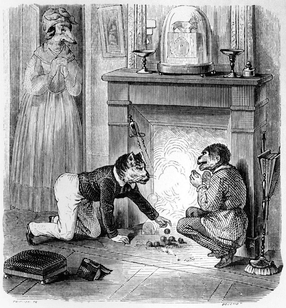 Małpa i kot, ilustracja do „Bajek” La Fontaine (1621-95), wyd. H. Fournier Aine, 1838 autorstwa Grandville