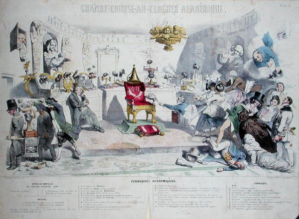 Grande Course au Clocher Academique, karykatura przedstawiająca Institut de France, 1839 (patrz także 218693) (kolorowa grawerunek) autorstwa Grandville 1803 47 after Grandville 1803 47 after