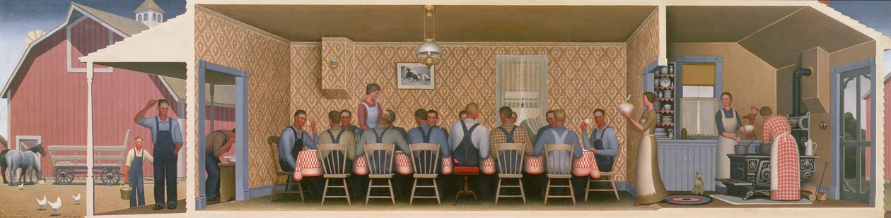 Obiad dla młokosów, 1934 (olej na płycie pilśniowej) autorstwa Grant Wood