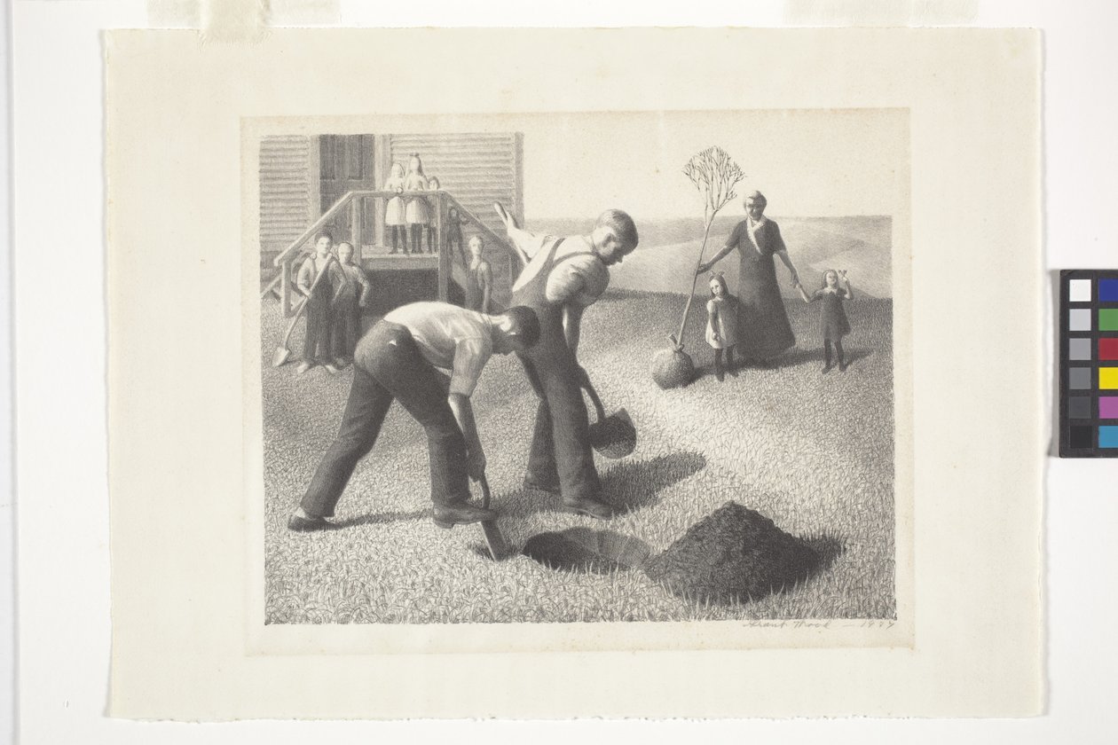 Grupa Sadzenia Drzew (litografia) autorstwa Grant Wood