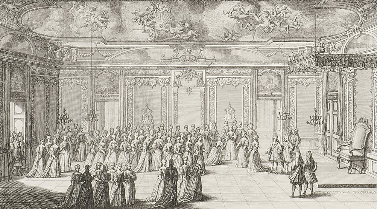 Sala audiencyjna podczas przyjęcia panny młodej w pałacu w Dreźnie 2 września 1719 r. autorstwa Gérard II Scotin