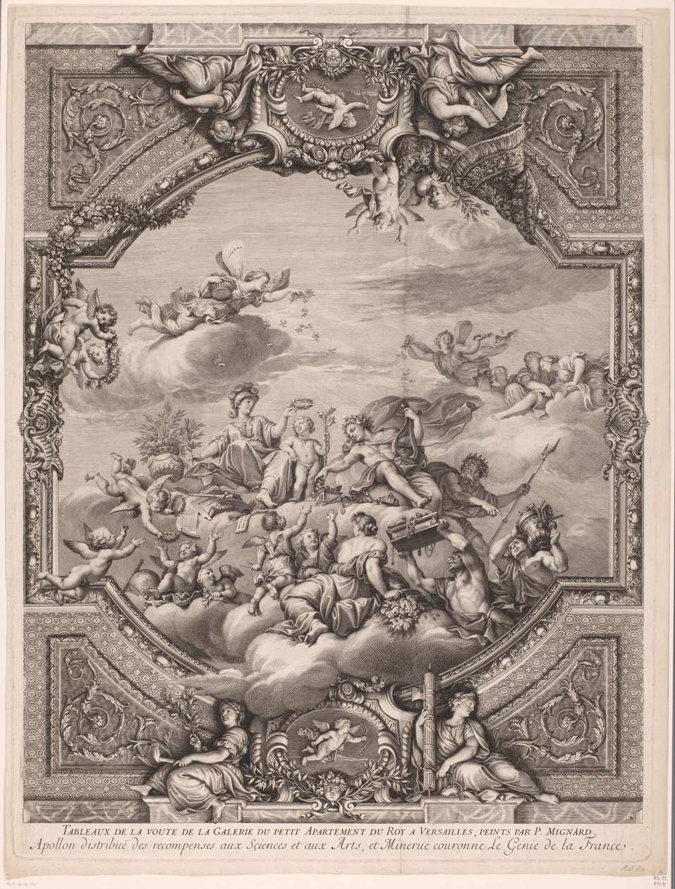 Apollo rozdaje nagrody, a Minerva koronuje geniusz Francji Apollon distirbuë des recompenses aux Sciences et aux Arts, et Minerve couronne le Genie de la France (tytuł na przedmiocie) Malowidła na suficie w Pałacu Wersalskim (tytuł serii) autorstwa Gérard Audran