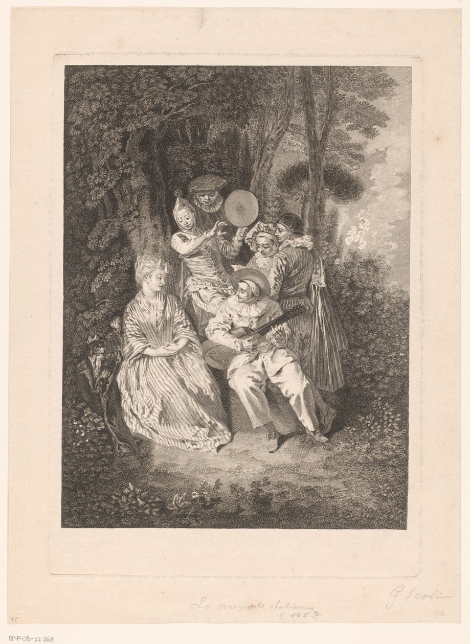 Parkowy krajobraz z postaciami teatralnymi, które serenadują damę La Serenade Italienne (tytuł na obiekcie) Grafiki wg Antoine Watteau (tytuł serii) L