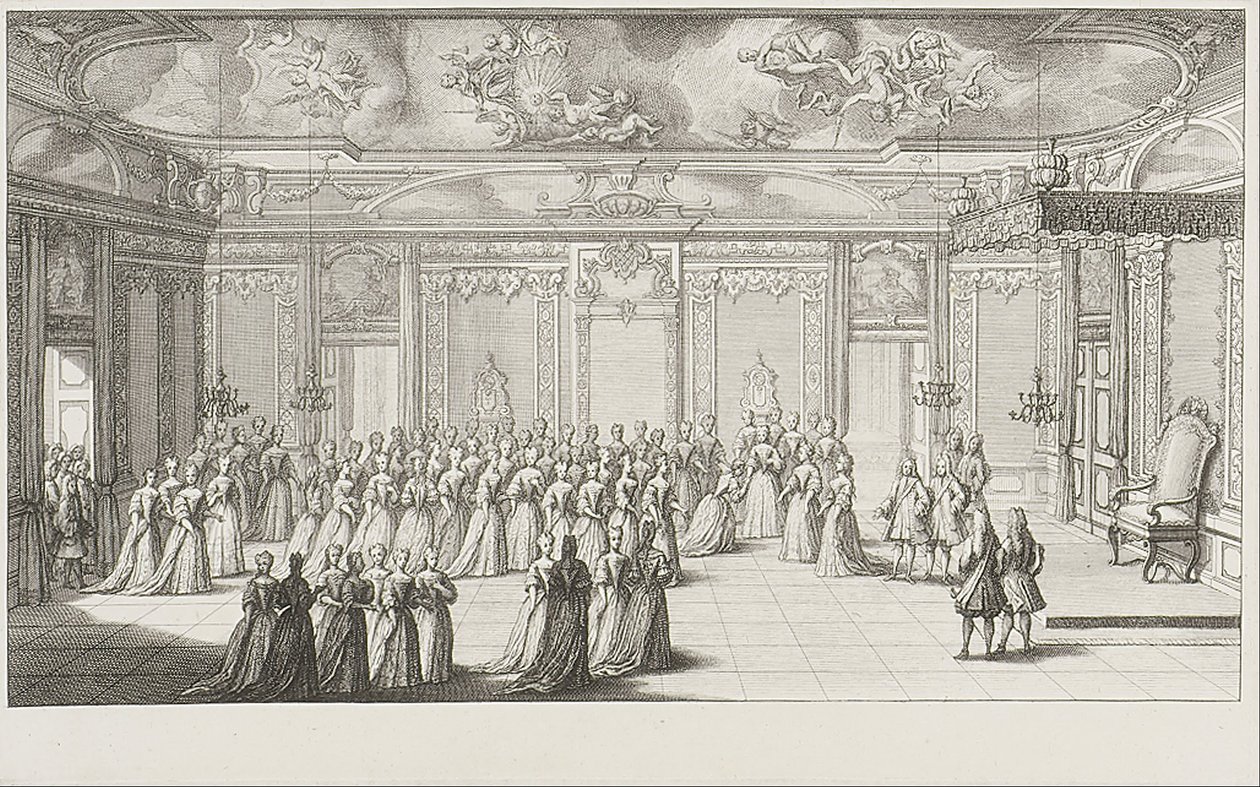 Sala audiencyjna podczas przyjęcia panny młodej w Pałacu Drezdeńskim 2 września 1719 r. autorstwa Gerard Jean Baptiste Scotin