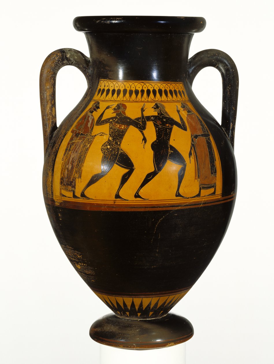 Ateńska amfora czarnofigurowa na poddaszu z tancerzami, ok. 540-30 pne (terakota) autorstwa Greek