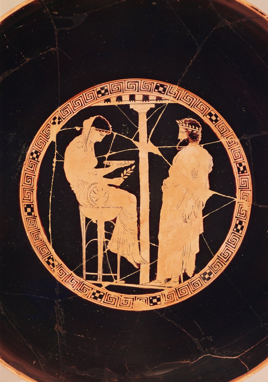 Ateński czerwonofigurowy kylix przedstawiający Aegeusa, króla Aten, konsultującego się z Wyrocznią Delficką (ceramika) autorstwa Greek