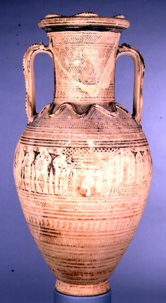 Amfora attykowa późnogeometryczna IIb ozdobiona sceną pogrzebową, ok. 720-700 p.n.e. (ceramiczna) autorstwa Greek