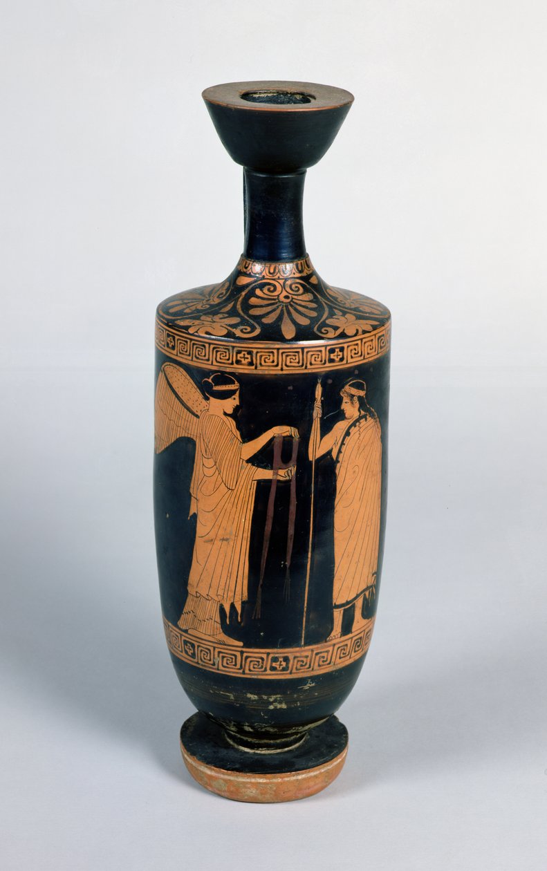 Poddasze Lekythos, przedstawiający nike (skrzydlate zwycięstwo) ofiarowujący wieniec młodzieńcowi, ok. 480-470 p.n.e. (ceramika) autorstwa Greek