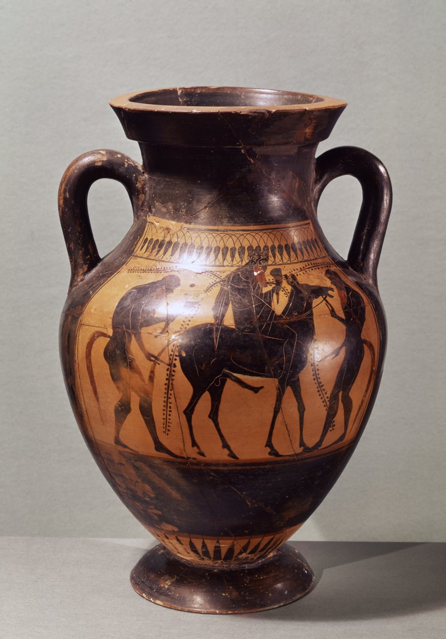 Czarny attyk, amfora figuralna przedstawiająca Dionizosa na mule i dwie Syleny, ok. 510 p.n.e. (ceramika) autorstwa Greek