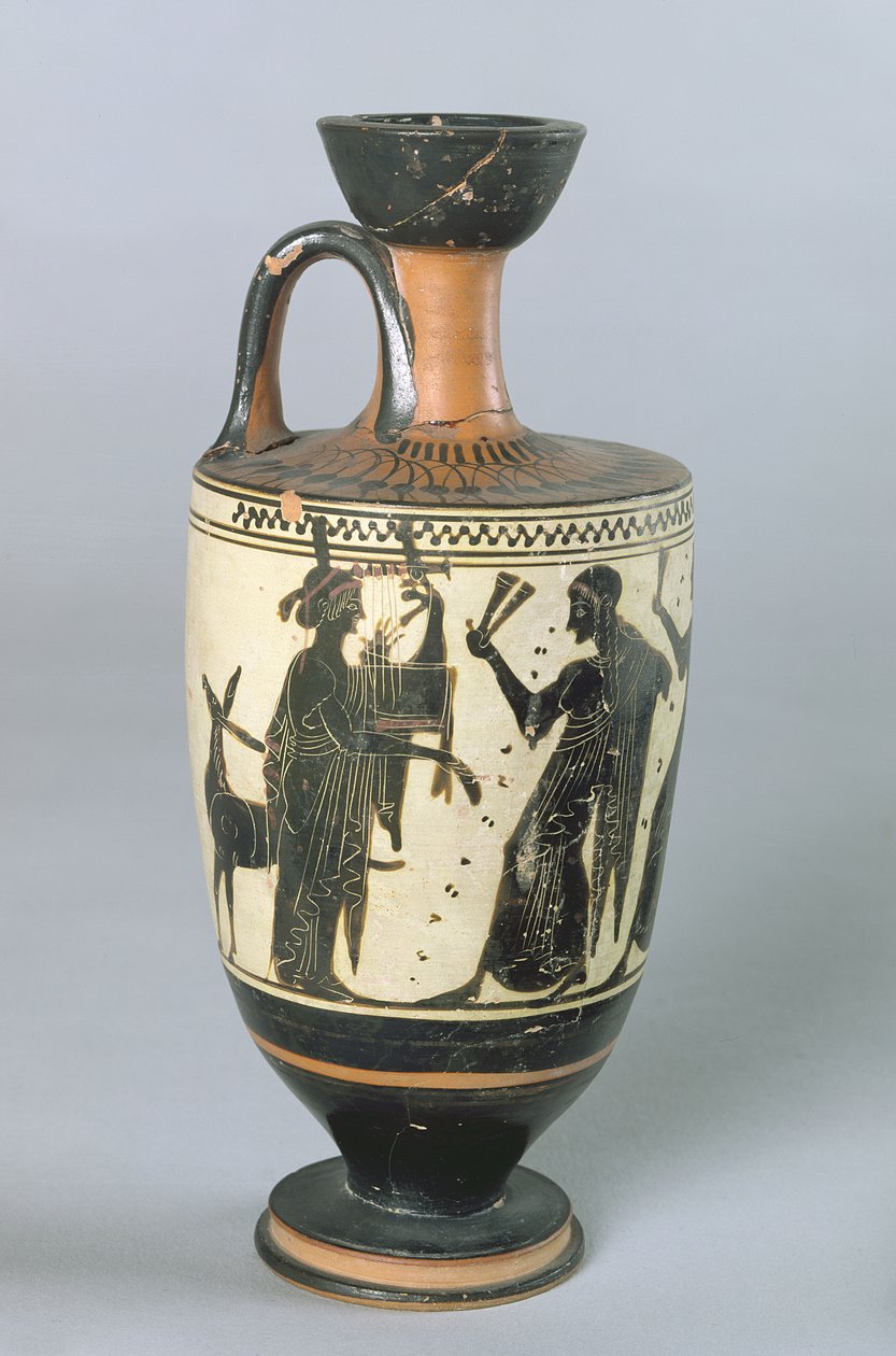 Strychowy czarnofigurowy lekythos przedstawiający Apollina i jego Muzy (ceramika) autorstwa Greek