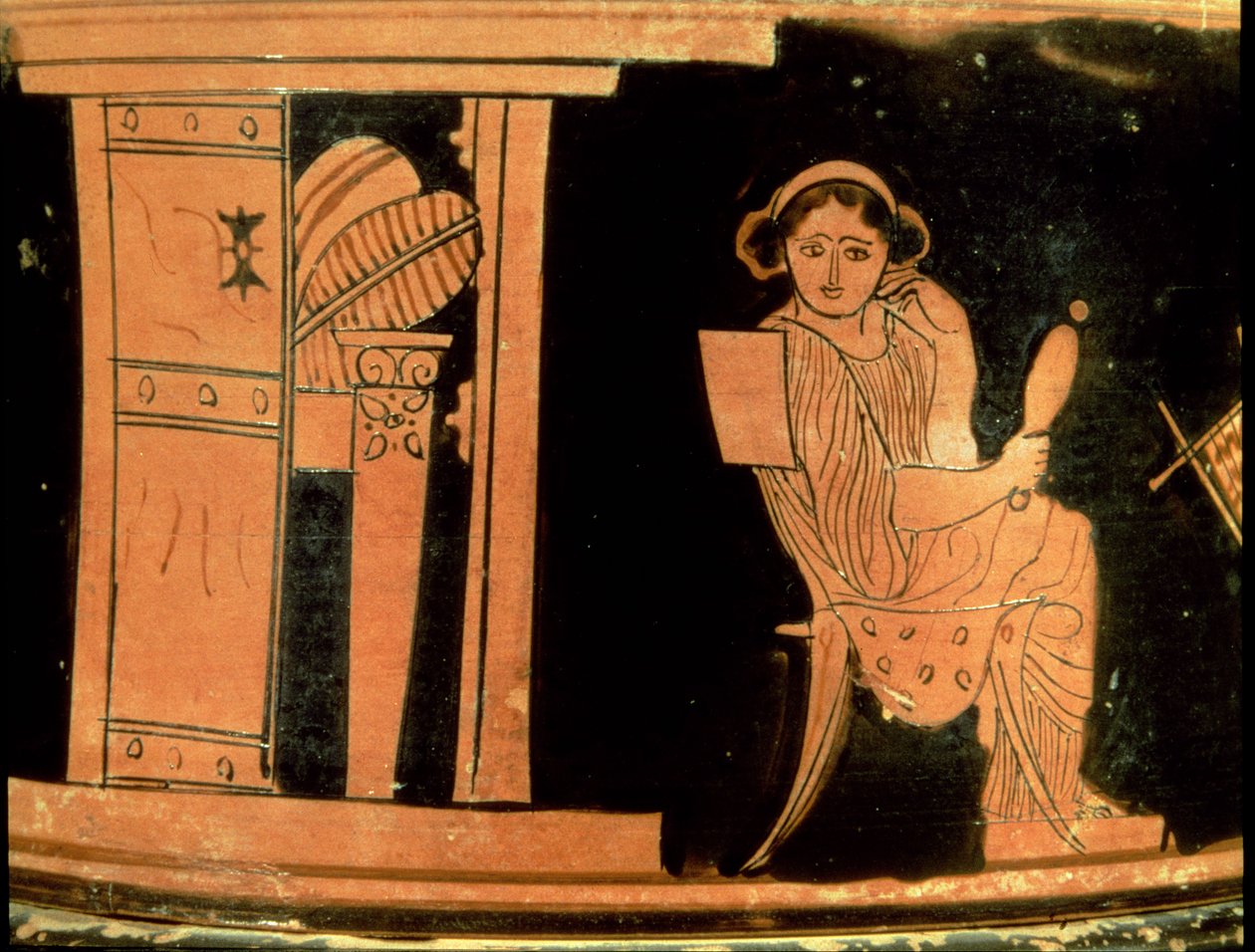 Attycka czerwona figura Pyxis przedstawiająca pannę młodą, V w. p.n.e. (ceramika) autorstwa Greek