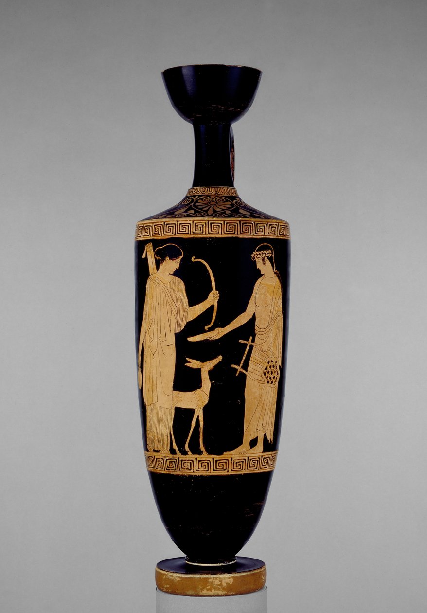 Poddasze czerwonofigurowy lekythos ozdobiony Apollem i Artemidą z jeleniem, V w. p.n.e. (ceramika) autorstwa Greek