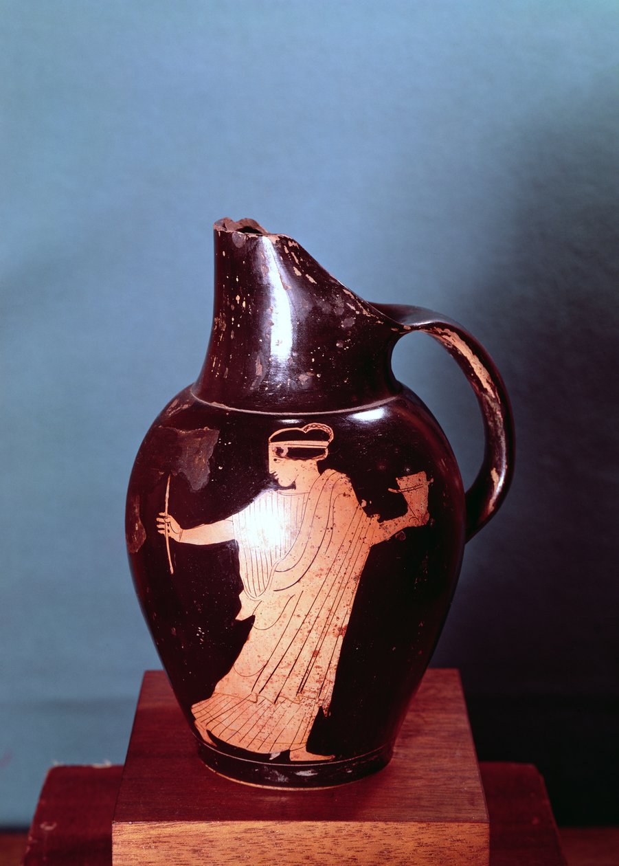 Czerwona figura na poddaszu oinochoe, przedstawiająca czarodziejkę Kirke ściganą przez Ulissesa (ceramika) (patrz także 190217) autorstwa Greek