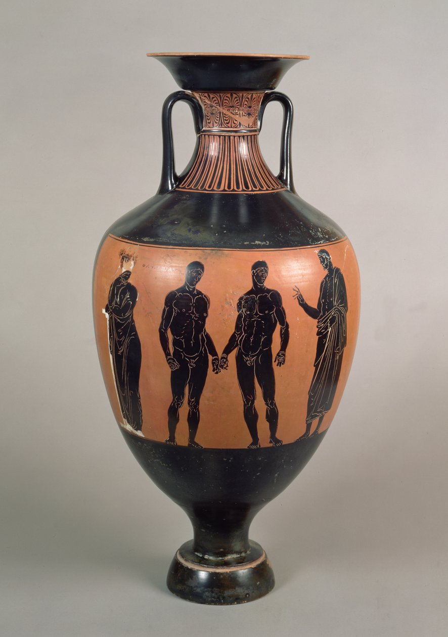 Czarnofigurowa amfora nagrody Panathenaic, przedstawiająca dwóch bokserów, trenera i Olimpię, Attyka, Grek, 340-339 p.n.e. (ceramika) (patrz także 120115) autorstwa Greek