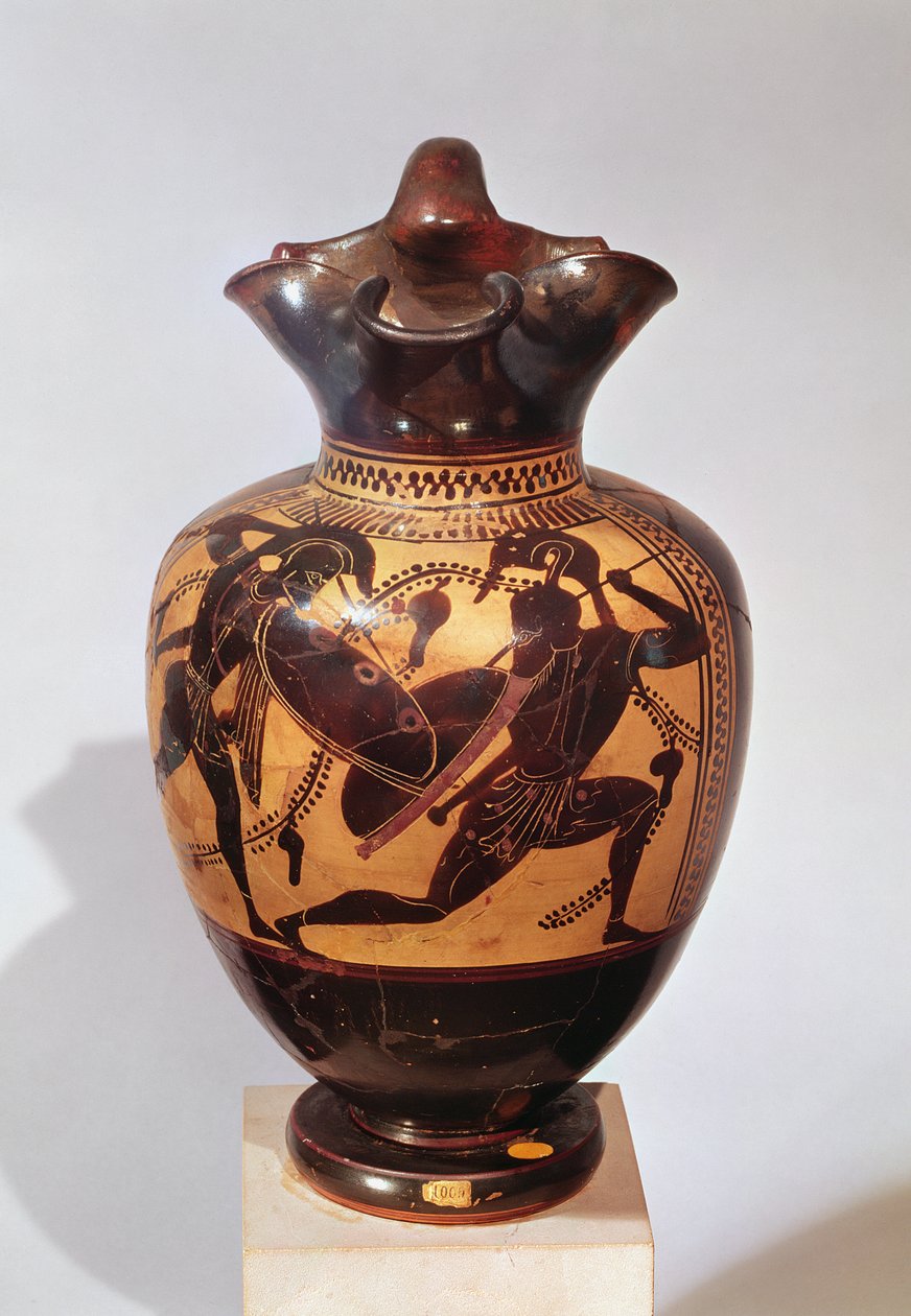 Oinochoe czarnofigurowe ozdobione wojownikami, ok. 530-520 pne (ceramiczne) autorstwa Greek
