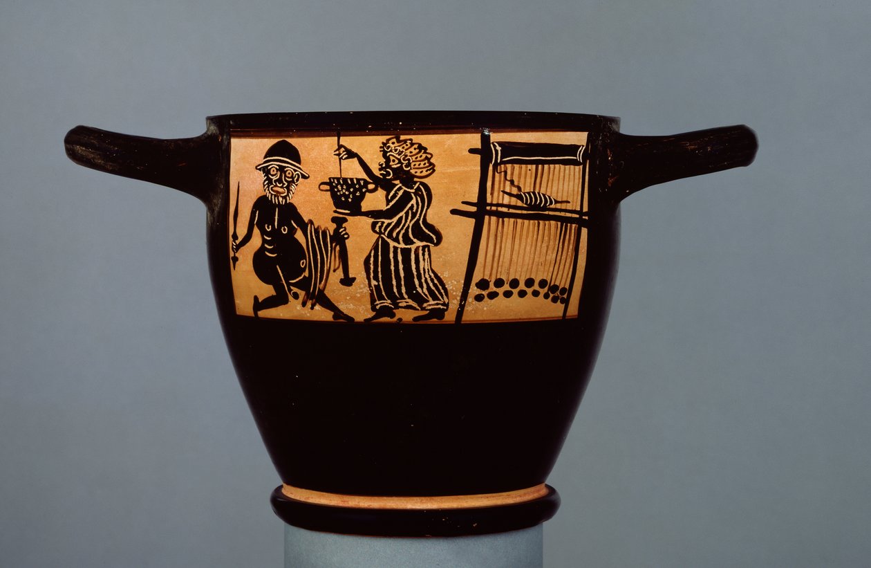 Beocjańskie czarnofigurowe skyphos, ozdobione sceną, w której Circe podaje Odyseuszowi odurzoną miksturę, z warsztatu Mystae Paintera, z Teb, Beocja, koniec V wieku p.n.e. (ceramika) (r autorstwa Greek