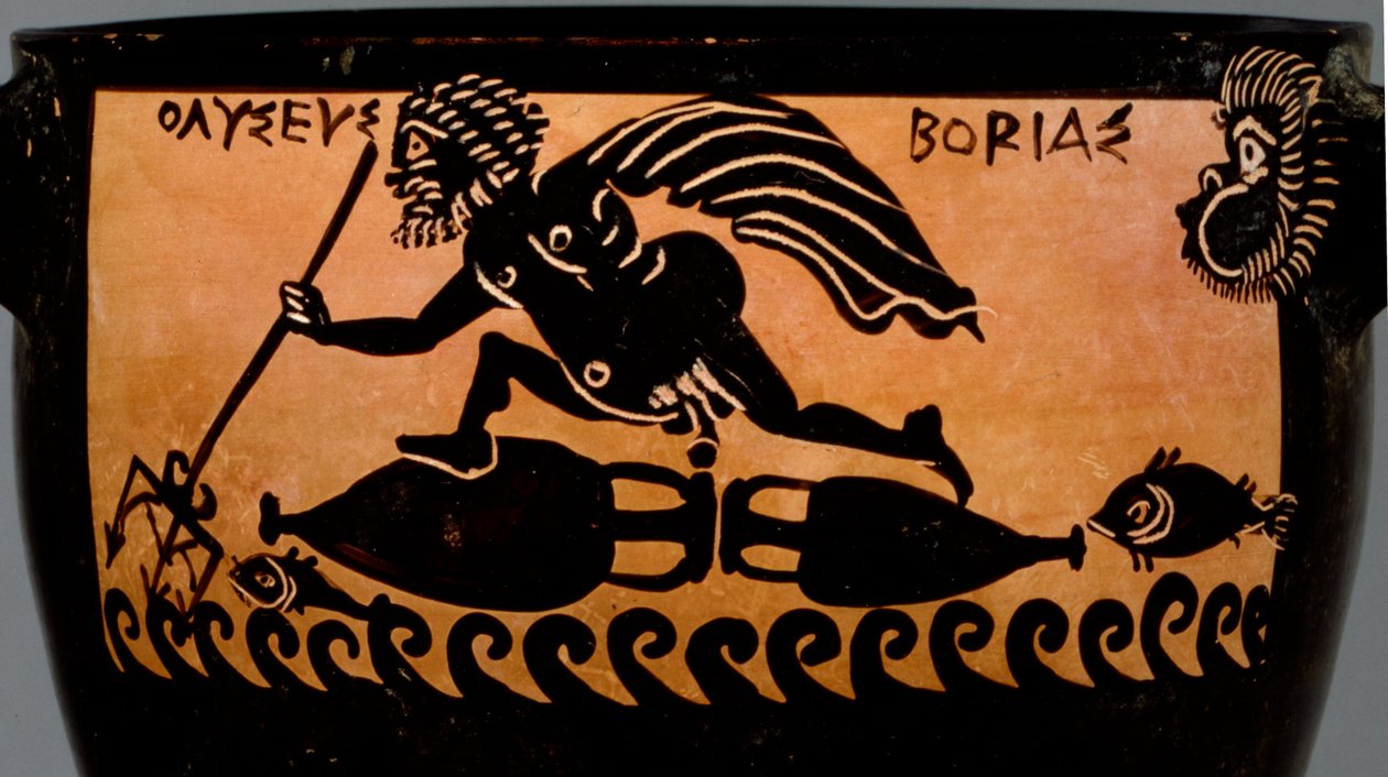 Boeotański skyphos z czarną figurą, zdobiony sceną Odyseusza przewianego przez morze przez Boreasza, z warsztatu malarza z Mystae, Teb, Boeotia, koniec V w. p.n.e. (ceramika) (detal) autorstwa Greek