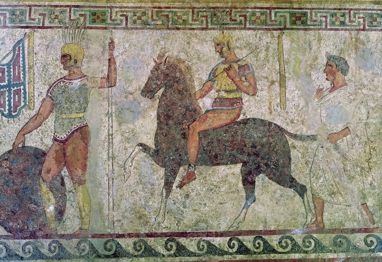 Kawalerzysta i żołnierz piechoty, malowidło nagrobne z Paestum autorstwa Greek