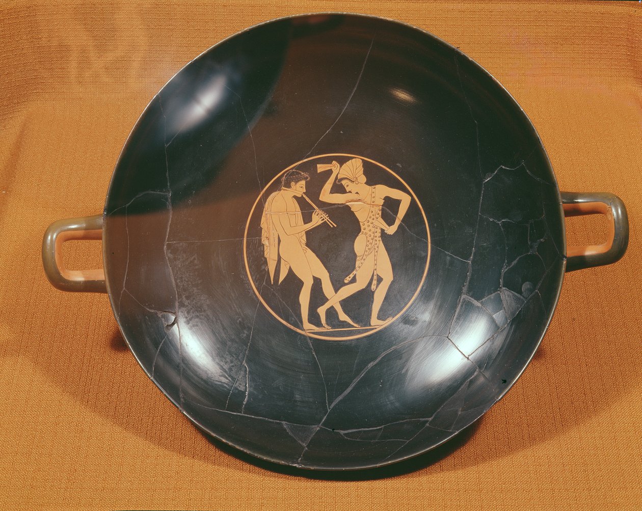 Kylix przedstawiający flecistę i tancerkę, ok. 520-10 (ceramika) autorstwa Greek