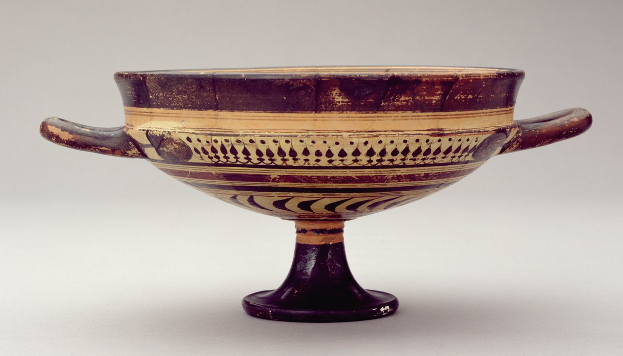 Lakoński puchar kylix przedstawiający Zeusa i Hermesa, ok. 550-530 pne (glina) (patrz także 288297 i 288978) autorstwa Greek