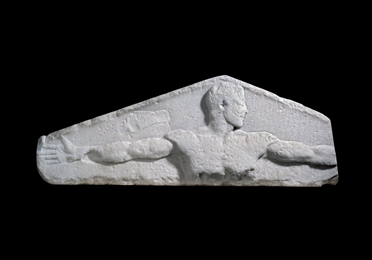 Płaskorzeźba metrologiczna o standardowej długości sążnia (wyciągnięte ramiona młodzieńca) i stopy, 460-450 p.n.e. (marmur) autorstwa Greek