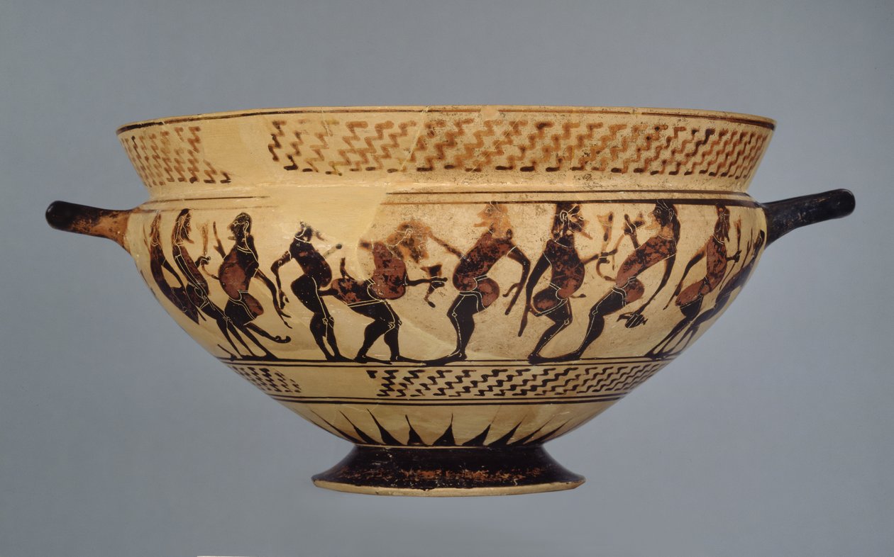 Środkowy puchar koryncki ozdobiony szesnastoma wyściełanymi tancerzami lub Komastami, prawdopodobnie z Cerveteri, ok. 600-575 (ceramika) autorstwa Greek
