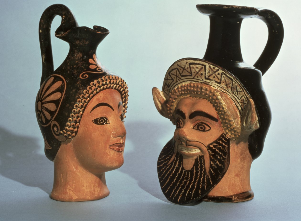 Wazony głowy Oinochoe, prawdopodobnie z Aten, Ltor Maenad, nazwa-waza klasy E klasy Oxford i Satyr, klasa P klasy Chairete, ok. 500-450 pne (ceramika polichromowana) autorstwa Greek