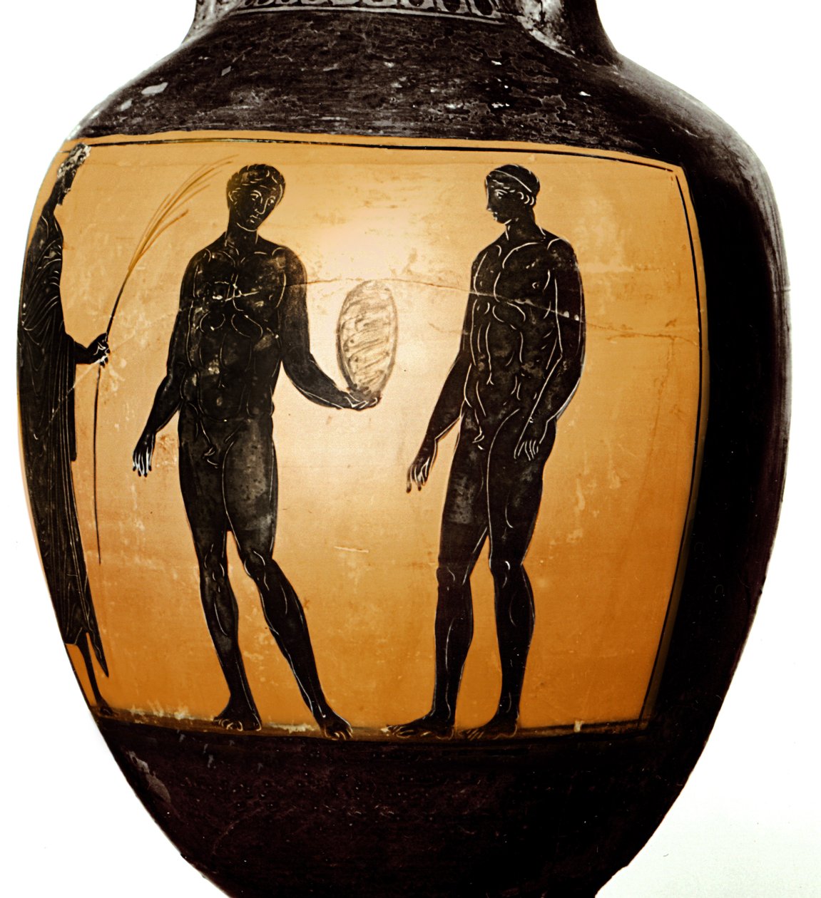 Amfora panatenajska przedstawiająca sportowca odbierającego trofeum, 580-520 p.n.e. (ceramika) autorstwa Greek