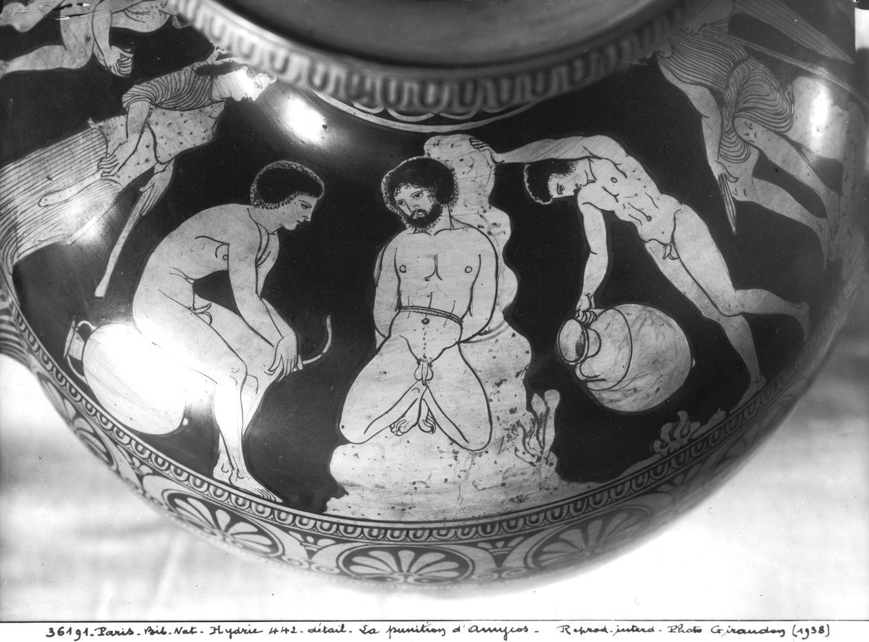 hydria czerwonofigurowa przedstawiająca karę Amykosa, 700-480 p.n.e. (ceramika) autorstwa Greek