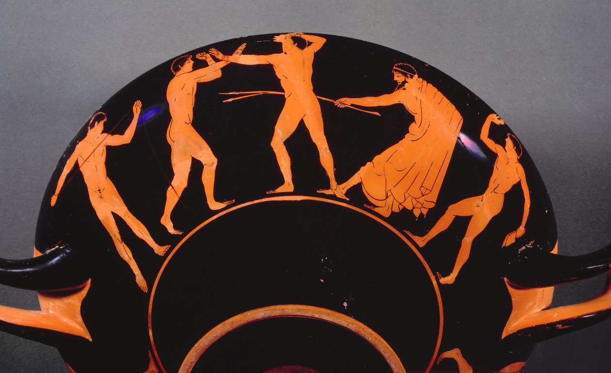 Czerwonofigurowy kylix przedstawiający trenujących atletów, ok. 500 pne (ceramika czerwonofigurowa) (patrz także 103374) autorstwa Greek