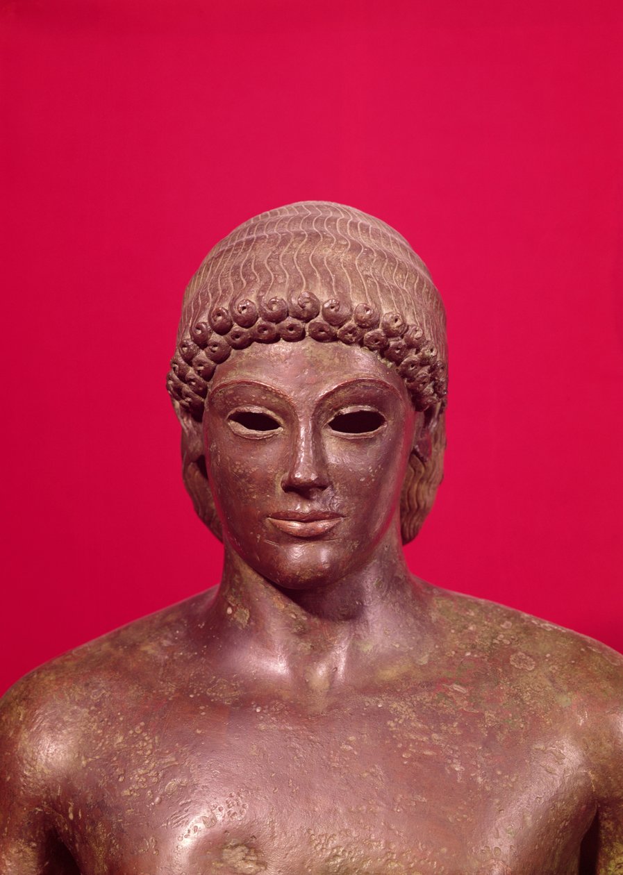 Apollo z Piombino, detal głowy posągu, znaleziony w Benevento, grecki, ok. 480 pne brąz patrz także 98014-16 i 177203 autorstwa Greek
