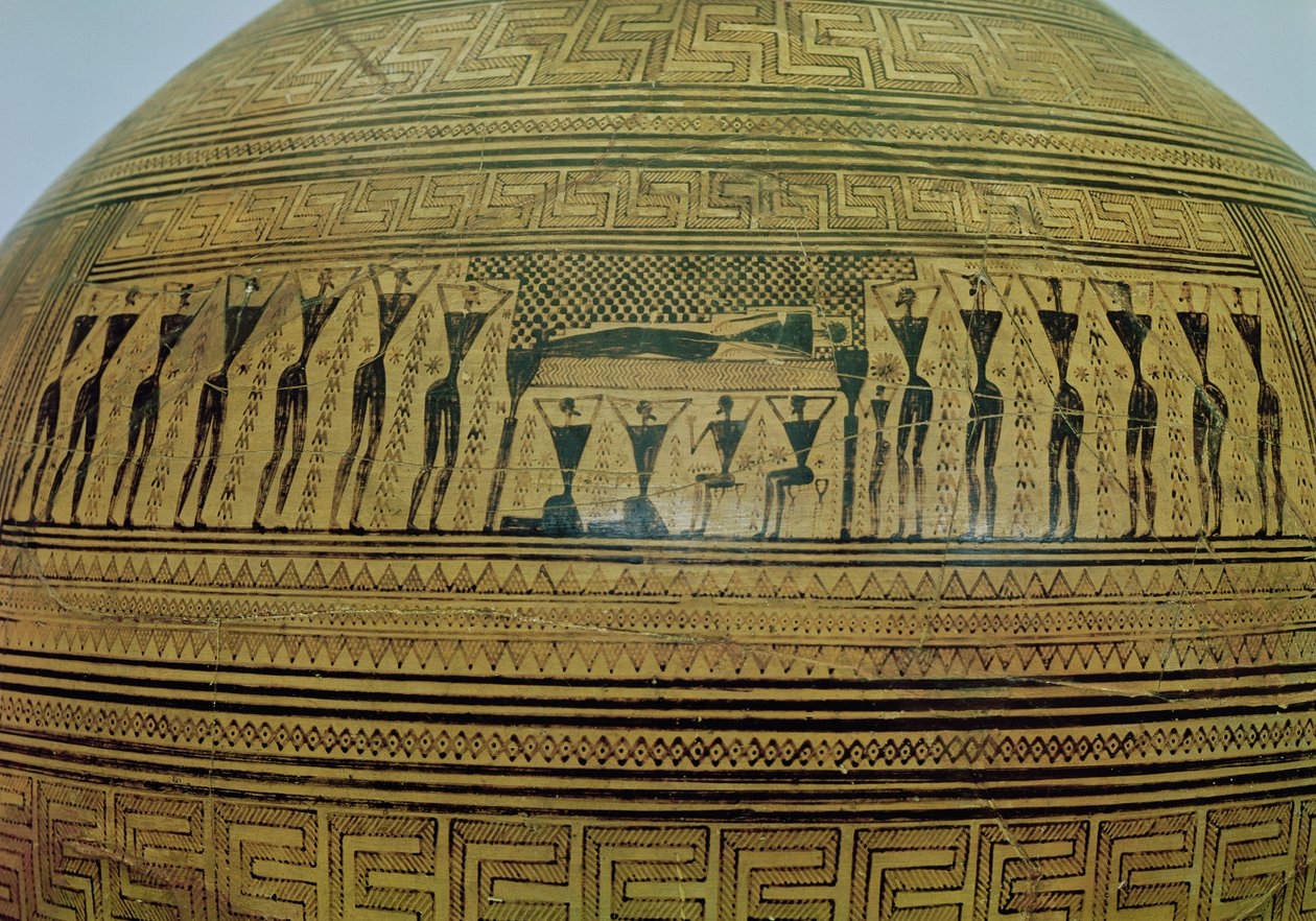 Amfora Dipylon, urna pogrzebowa w stylu geometrycznym z Nekropolii Keramejkos, fragment sceny pogrzebowej, Ateny, ok. 750 pne terakota patrz 88063 autorstwa Greek
