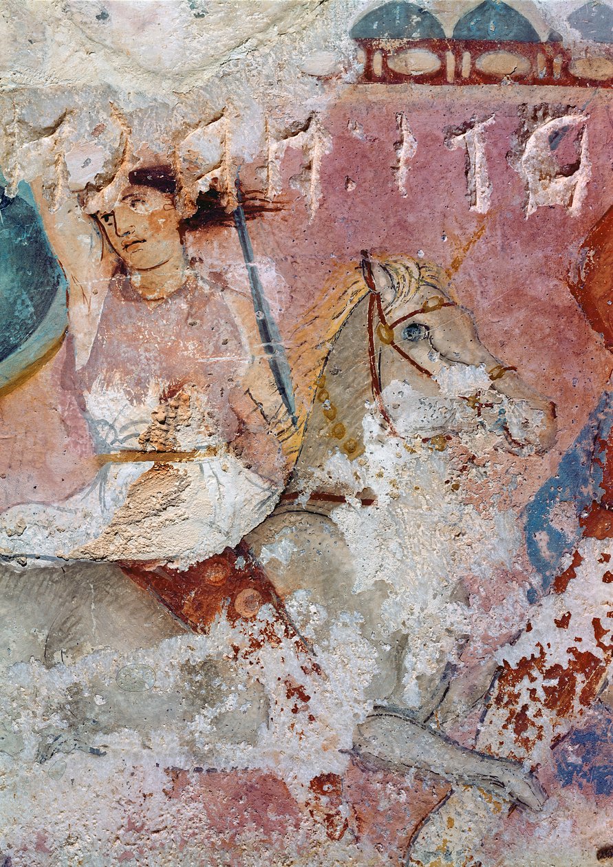 Sarkofag Amazonek, detal jeźdźca, z Tarquinia tempera na alabastrze autorstwa Greek