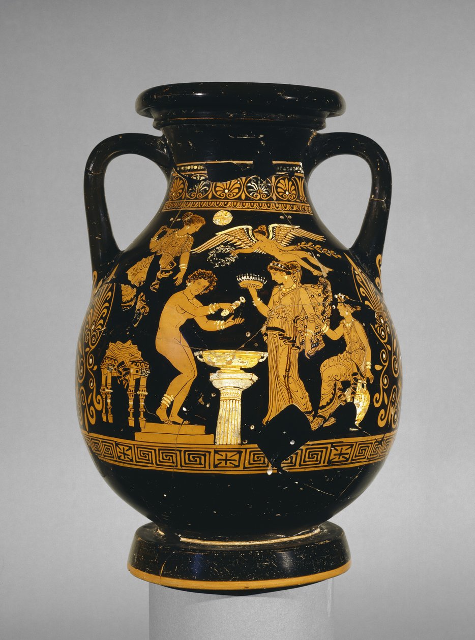 Apulijski pelike czerwonofigurowy ozdobiony sceną panny młodej w toalecie, Grupa ssąca, znaleziona w Basilicata, ok. 375-350 pne (ceramika) autorstwa Greek