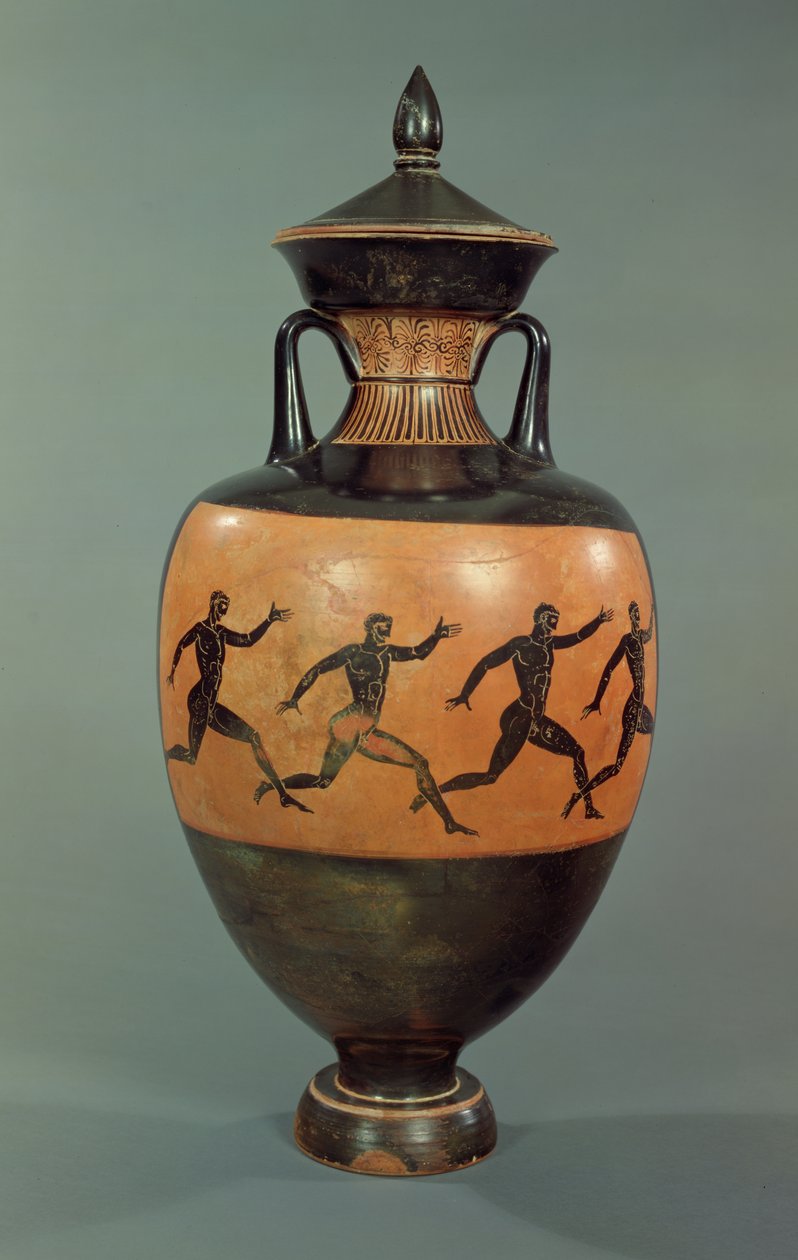 Strychowa czarnofigurowa amfora panatenajska ozdobiona biegaczami, 375-370 p.n.e. (ceramika) autorstwa Greek