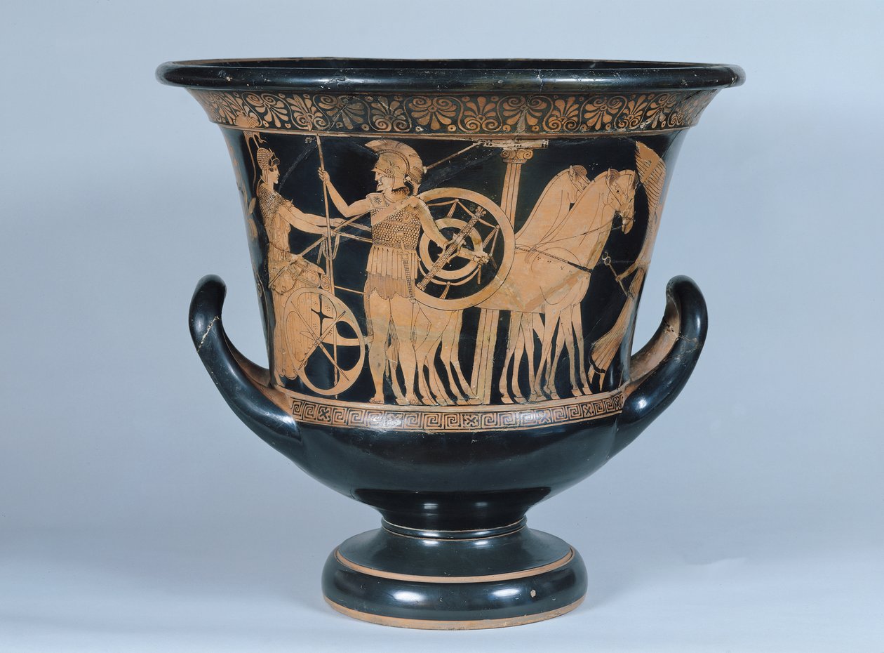 Czerwonofigurowy krater poddasza przedstawiający hoplitę wyjeżdżającego na wojnę (ceramika) (zob. też 223268) autorstwa Greek